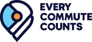 Logo with a stylized location pin next to the words "EVERY COMMUTE COUNTS" in bold, dark blue capital letters.