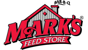 Logo for Mark's Feed Store featuring a red and gray barn design, with "Mark's" in large red letters and "Feed Store" below, plus "BAR-B-Q" near the chimney.