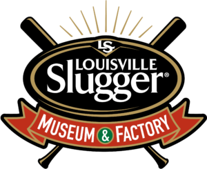 Louisville Slugger Museum & Factory logo featuring a black oval with gold and white accents, and a red ribbon banner below the main text.