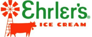 Ehrler's Ice Cream logo featuring green text, an orange windmill, an orange cow, and "ICE CREAM" in orange capital letters.