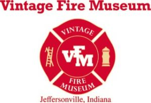 Logo for the Vintage Fire Museum in Jeffersonville, Indiana, featuring a red firefighter badge with symbols of a ladder, hydrant, and the letters VFM.