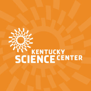 Kentucky Science Center logo with white geometric sunburst design on an orange background.