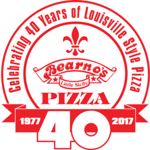 Red and white logo for Bearno's Pizza 40th anniversary, featuring "Celebrating 40 Years of Louisville Style Pizza," fleur-de-lis, and years 1977 and 2017.
