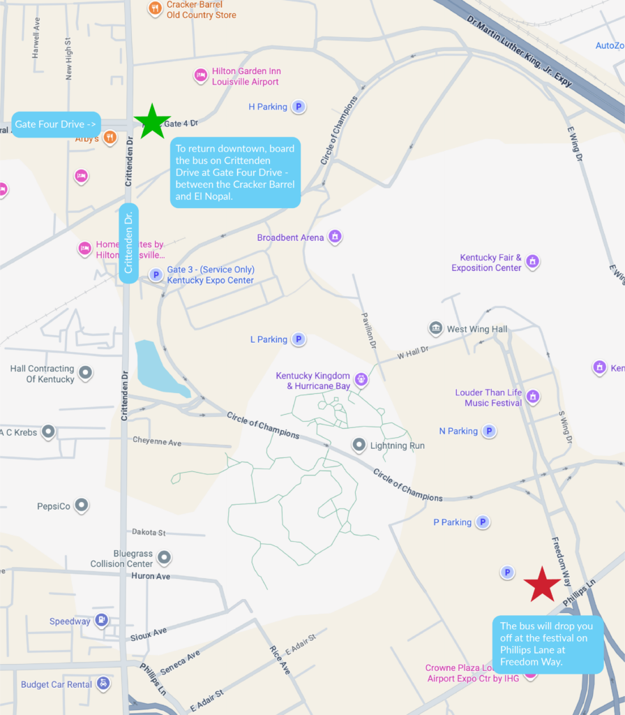 Map showing Kentucky Expo Center, bus stops marked with a blue star on Gate Four Drive and a red star on Phillips Lane, with directions for returning downtown highlighted in a blue box.