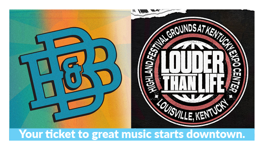 Two logos side by side: H&B on a blue-orange background and Louder Than Life festival at Kentucky Expo Center, with text 