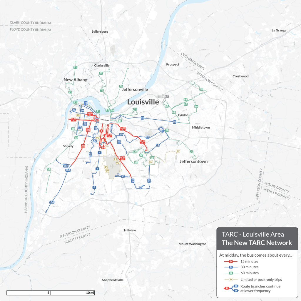 Map of Louisville showing TARC bus routes, color-coded by midday frequency: red for 15 min, blue for 30 min, green for 60 min, and dashed for limited or peak-only trips.