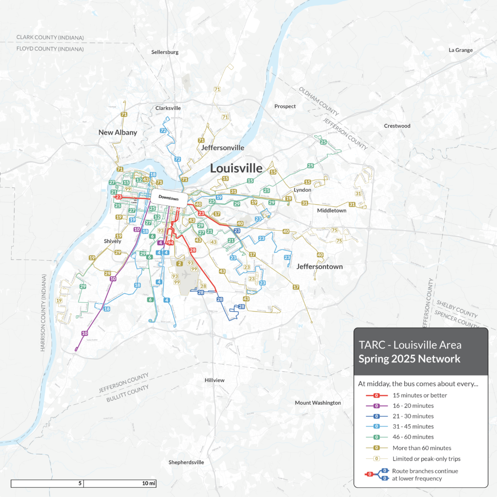 Map of the proposed TARC Louisville Area Spring 2025 bus network, showing routes, service frequency, and coverage in Louisville and neighboring areas.
