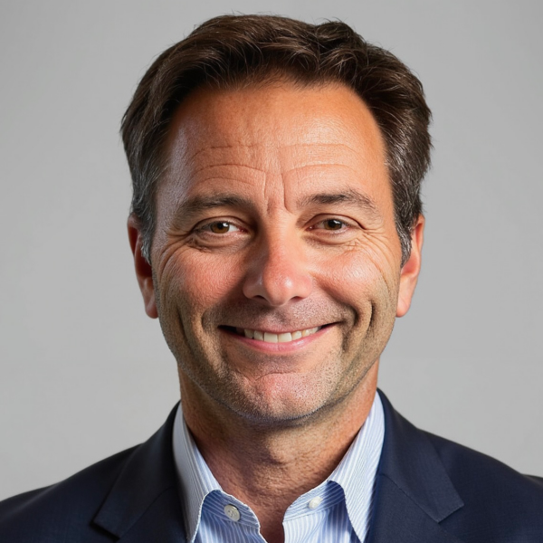 A middle-aged man with short brown hair, wearing a dark suit jacket and light blue shirt, smiling at the camera against a plain background.