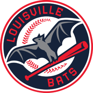 Logo for the Louisville Bats featuring a stylized bat flying in front of a baseball, with a red baseball bat and the team name in bold red letters.