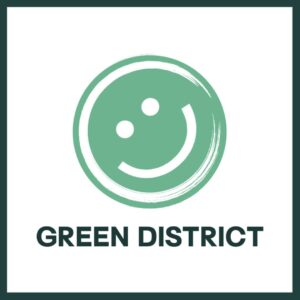 A green smiley face above the text "GREEN DISTRICT" on a white background with a dark green border.
