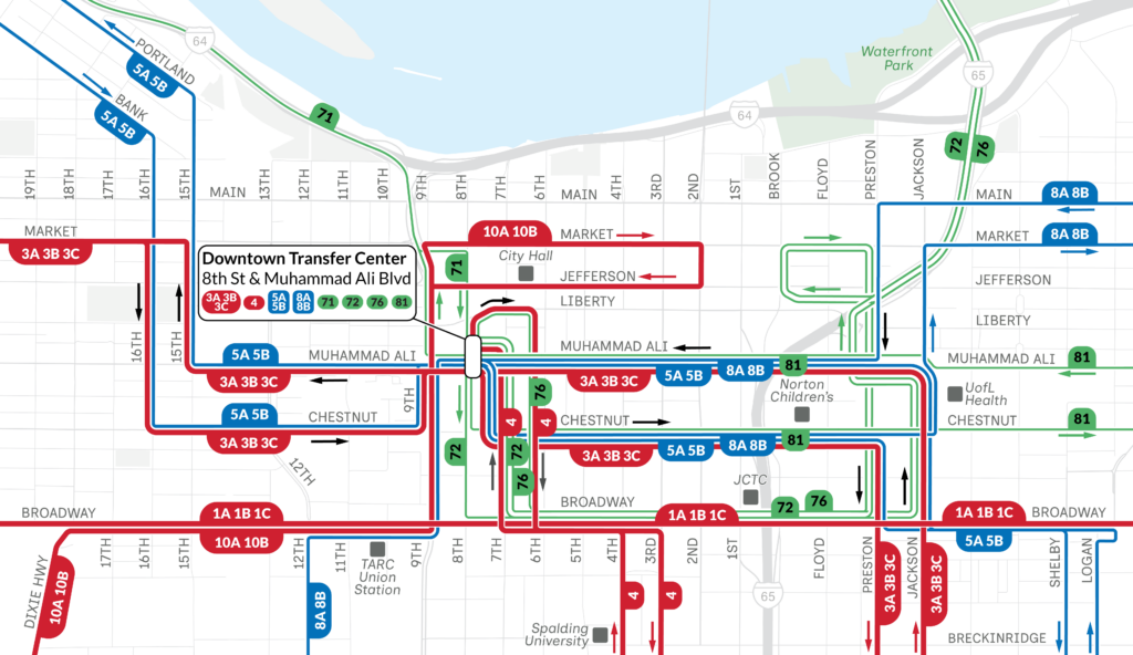 A color-coded transit map of downtown Louisville shows multiple bus routes, stops, and transfer points, with major streets and landmarks labeled for navigation.