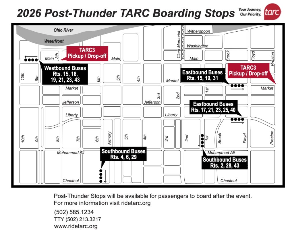 Map of downtown Louisville showing 2026 TARC post-Thunder bus boarding stops for westbound, eastbound, and southbound routes, with locations marked by red and black dots.