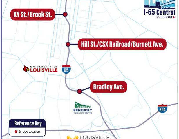 Map highlighting bridge locations at KY St./Brook St., Hill St./CSX Railroad/Burnett Ave., and Bradley Ave. near I-65, University of Louisville, and Kentucky Exposition Center.