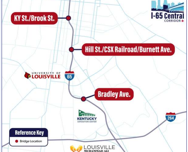 Map highlighting bridge locations at KY St./Brook St., Hill St./CSX Railroad/Burnett Ave., and Bradley Ave. near I-65, University of Louisville, and Kentucky Exposition Center.