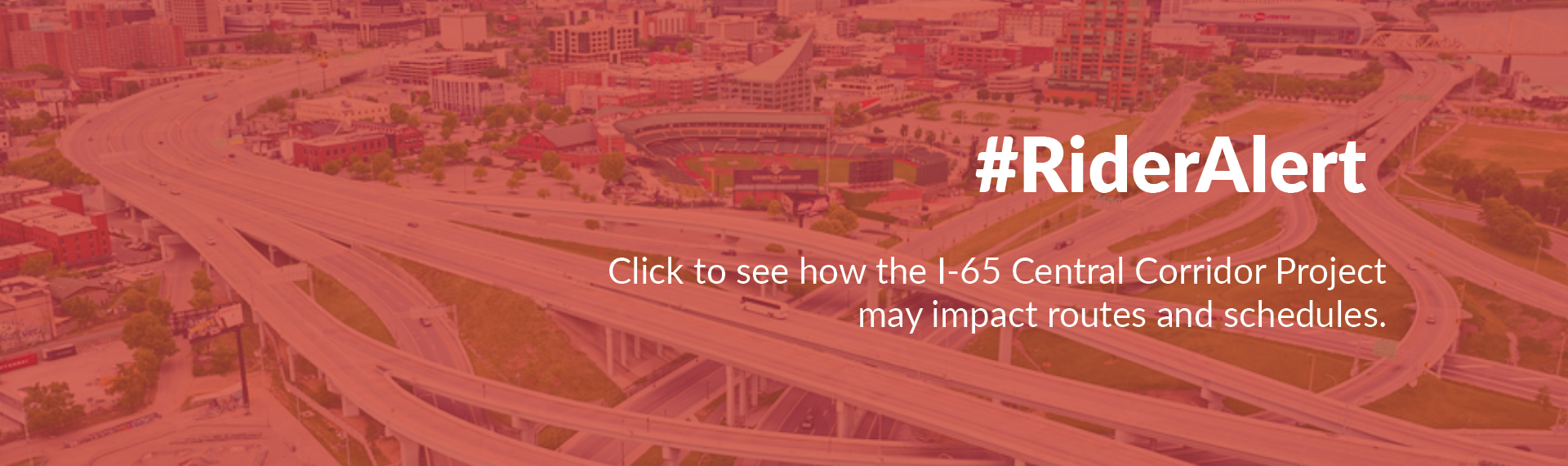 Aerial view of highway interchange with text: 