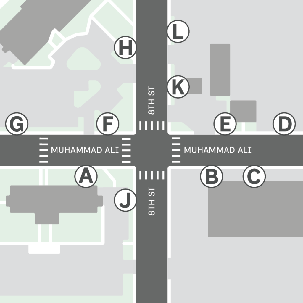 Map showing the intersection of 8th St and Muhammad Ali, with buildings labeled A through L surrounding the intersection.