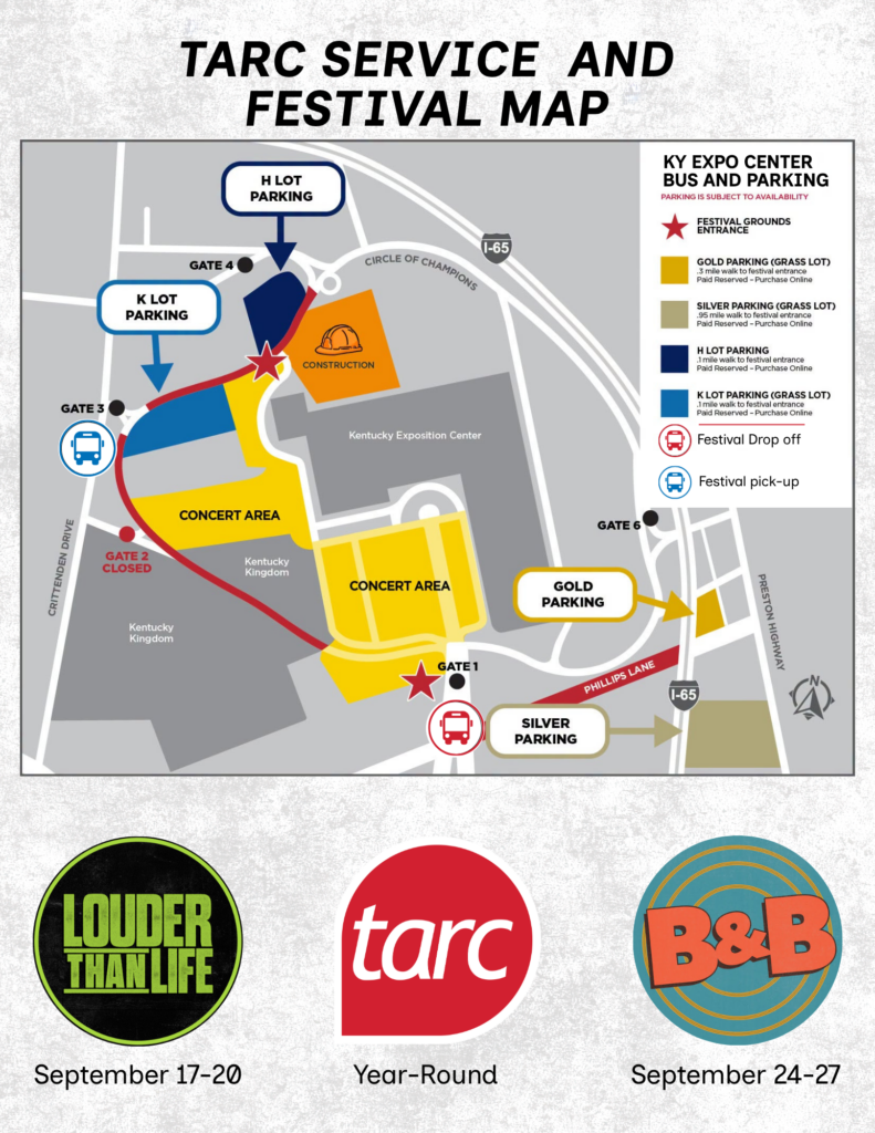 Festival map showing parking lots, bus stops, concert area, construction, and entrance gates at KY Expo Center, with event logos and event dates at the bottom.