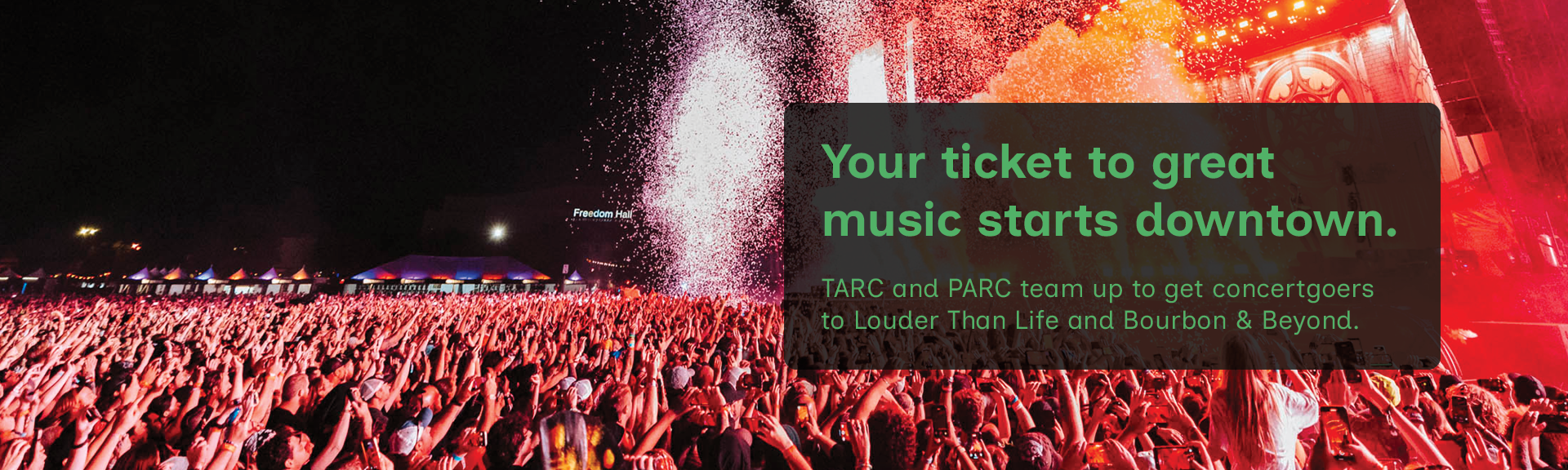 Large crowd at an outdoor nighttime concert with bright stage lights and water spray, text promoting downtown music events overlays the image.