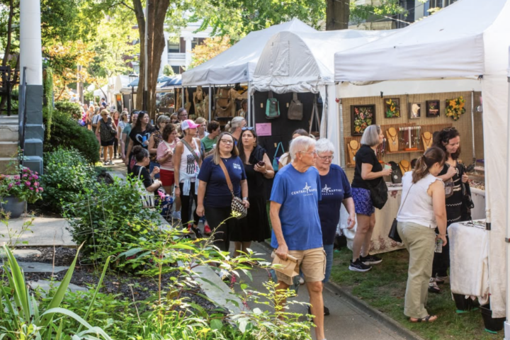 People browse art and craft booths at an outdoor fair on a sunny day, with tents, displays, and a crowd walking along a tree-lined path.